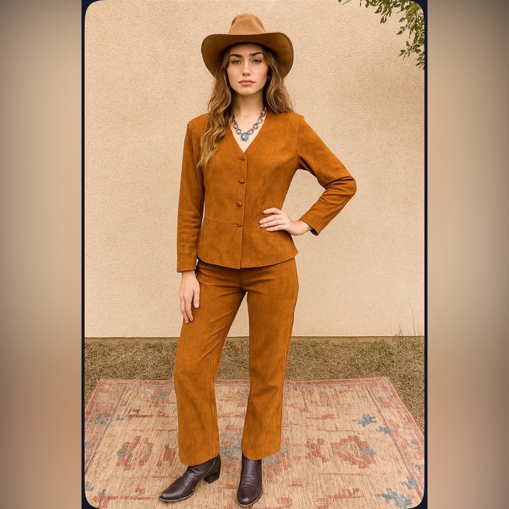R&K Originals Vintage Moleskin Suede Brown Pant Suit Women’s Size 14P